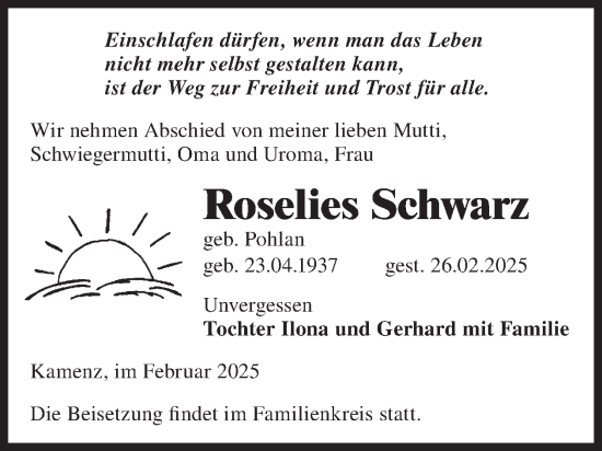 Traueranzeige von Roselies Schwarz von WochenKurier