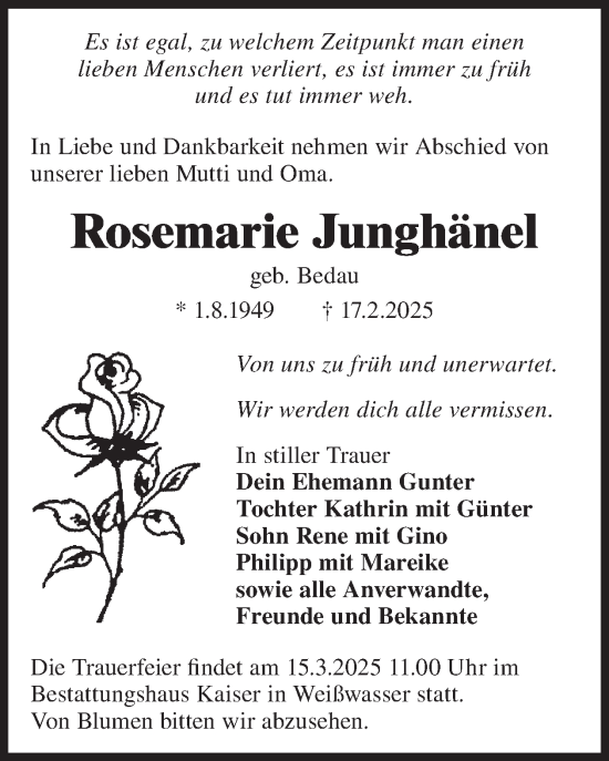 Traueranzeige von Rosemarie Junghänel von WochenKurier