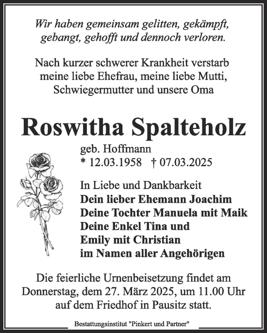 Traueranzeige von Roswitha Spalteholz von WochenKurier