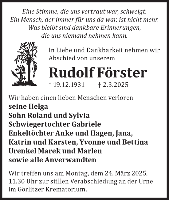 Traueranzeige von Rudolf Förster von WochenKurier