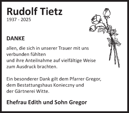 Traueranzeige von Rudolf Tietz von WochenKurier