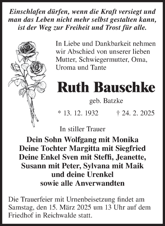 Traueranzeige von Ruth Bauschke von WochenKurier