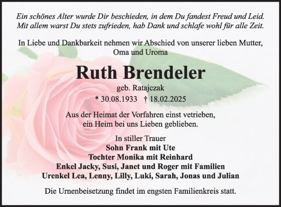 Traueranzeige von Ruth Brendeler von WochenKurier