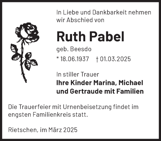 Traueranzeige von Ruth Pabel von WochenKurier