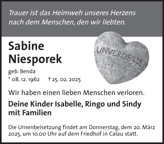 Traueranzeige von Sabine Niesporek von WochenKurier