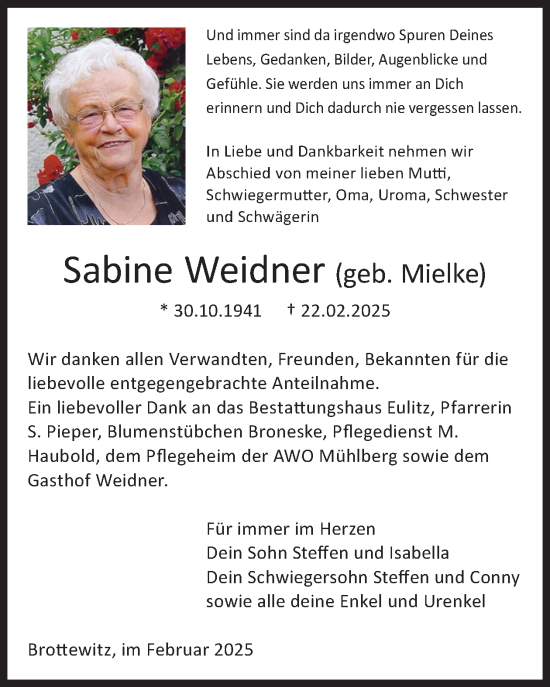 Traueranzeige von Sabine Weidner von WochenKurier