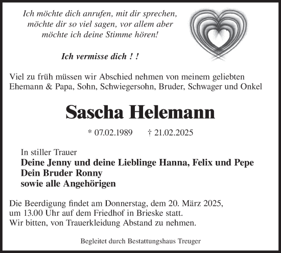 Traueranzeige von Sascha Helemann von WochenKurier