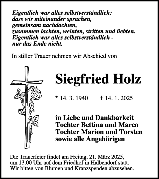 Traueranzeige von Siegfried Holz von WochenKurier