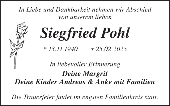 Traueranzeige von Siegfried Pohl von WochenKurier