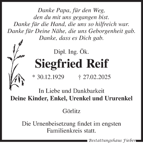 Traueranzeige von Siegfried Reif von WochenKurier