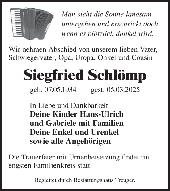 Traueranzeige von Siegfried Schlömp von WochenKurier