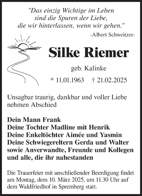 Traueranzeige von Silke Riemer von WochenKurier