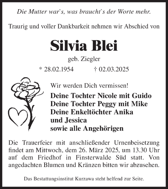 Traueranzeige von Silvia Blei von WochenKurier