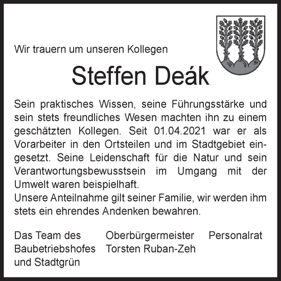 Traueranzeige von Steffen Deak von WochenKurier