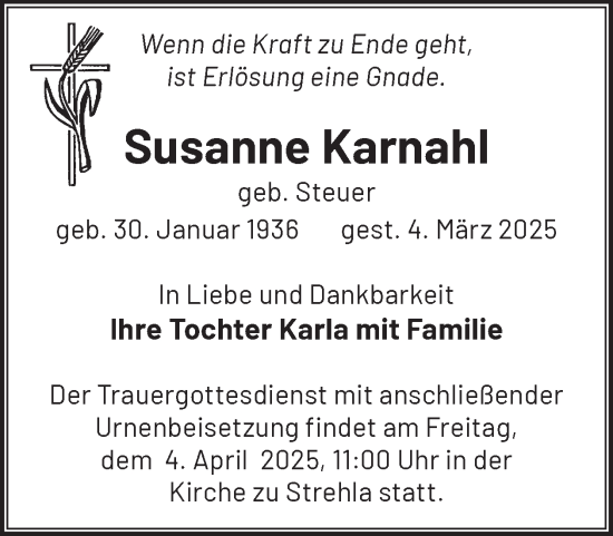 Traueranzeige von Susanne Karnahl von WochenKurier