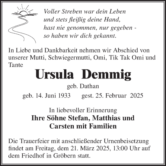 Traueranzeige von Ursula Demmig von WochenKurier