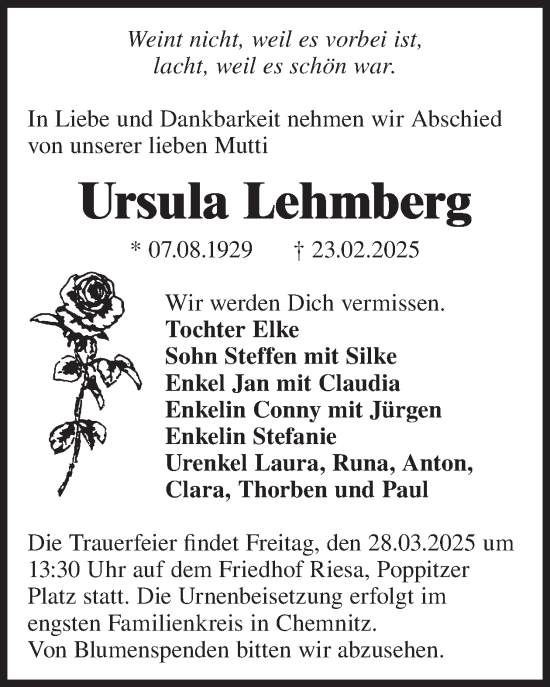 Traueranzeige von Ursula Lehmberg von WochenKurier