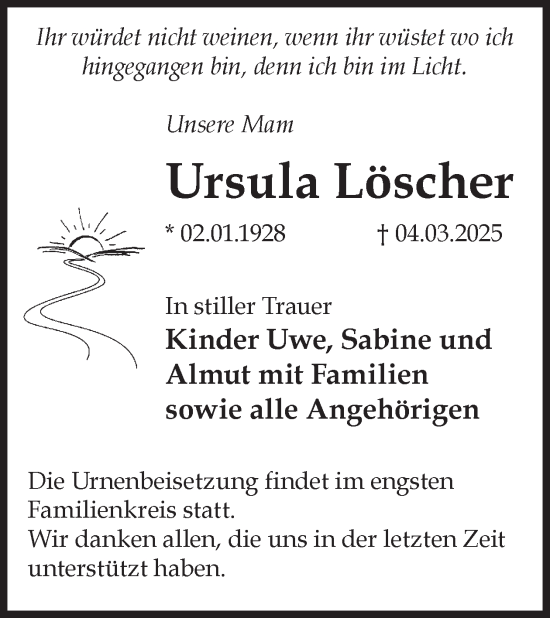 Traueranzeige von Ursula Löscher von WochenKurier