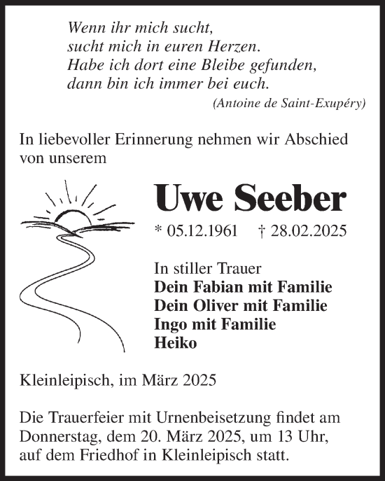 Traueranzeige von Uwe Seeber von WochenKurier