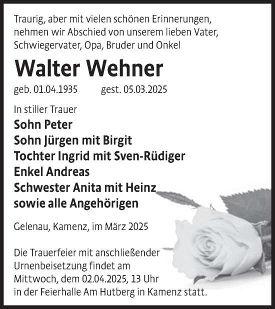 Traueranzeige von Walter Wehner von WochenKurier