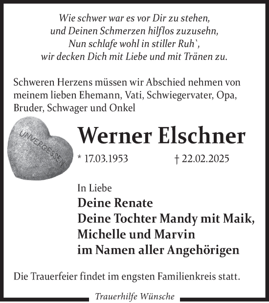 Traueranzeige von Werner Elschner von WochenKurier