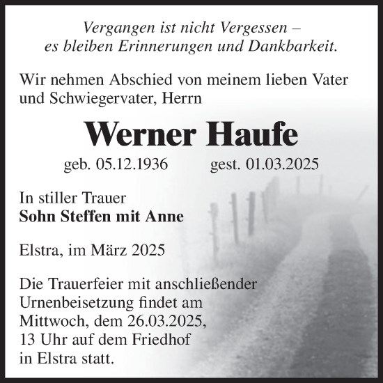 Traueranzeige von Werner Haufe von WochenKurier