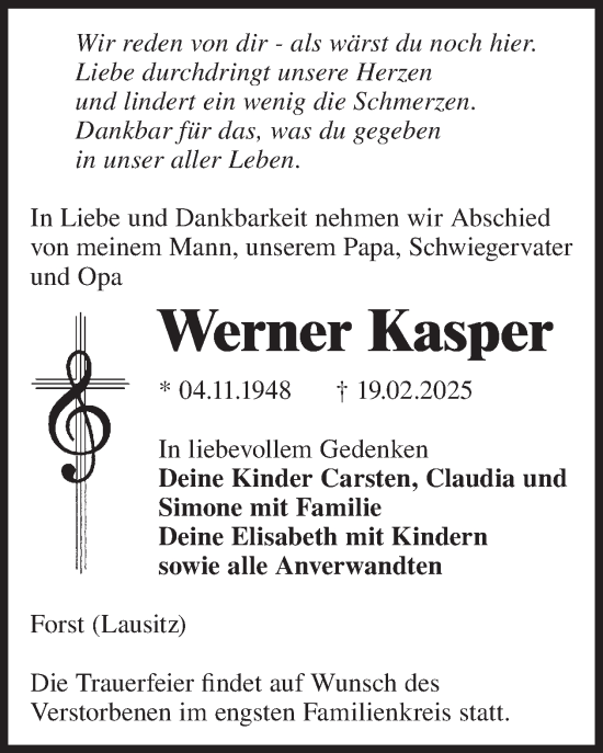 Traueranzeige von Werner Kasper von WochenKurier