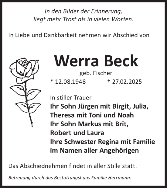 Traueranzeige von Werra Beck von WochenKurier