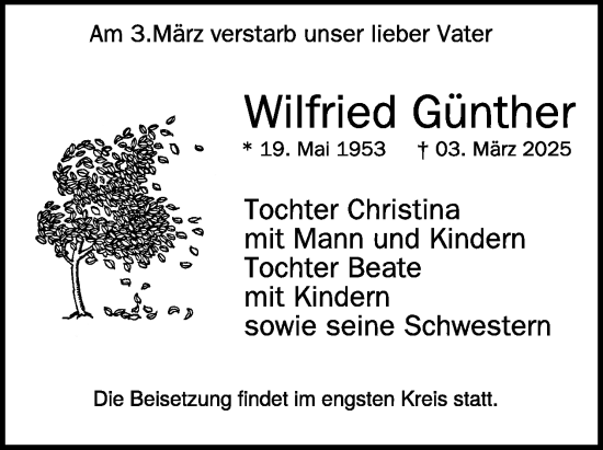 Traueranzeige von Wilfried Günther von WochenKurier