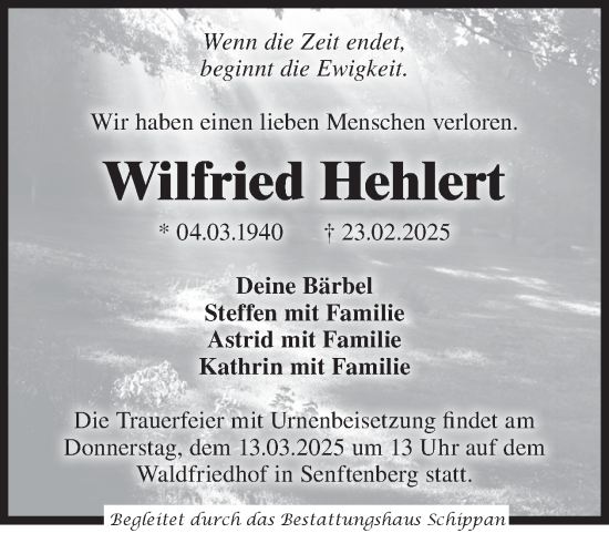 Traueranzeige von Wilfried Hehlert von WochenKurier