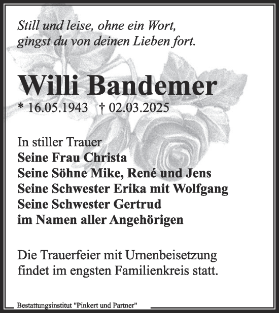 Traueranzeige von Willi Bandemer von WochenKurier