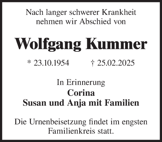 Traueranzeige von Wolfgang Kummer von WochenKurier