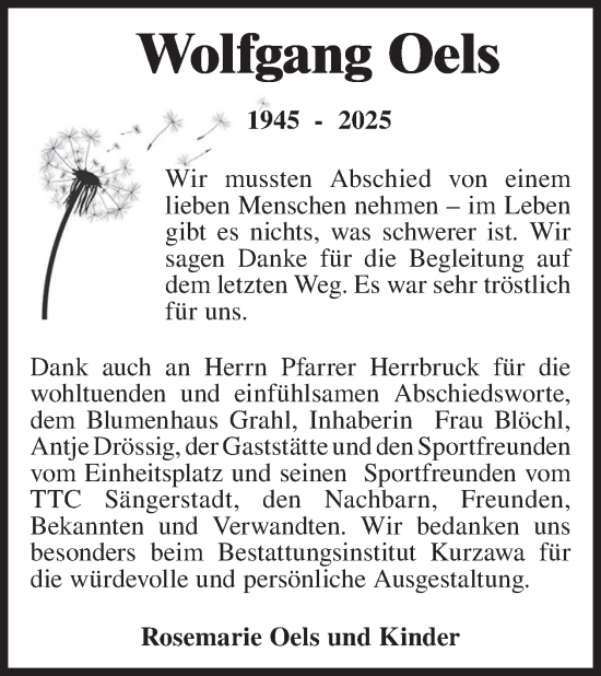 Traueranzeige von Wolfgang Oels von WochenKurier