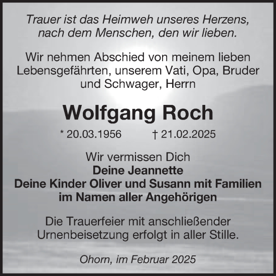 Traueranzeige von Wolfgang Roch von WochenKurier