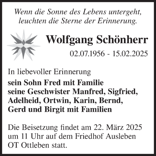 Traueranzeige von Wolfgang Schönherr von WochenKurier