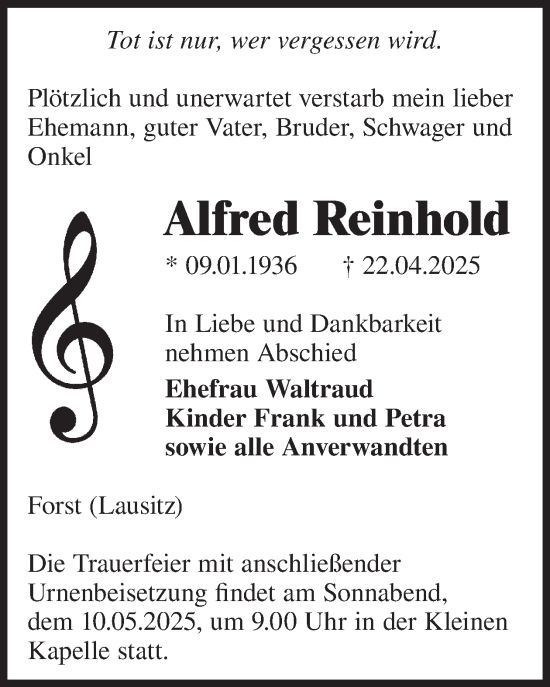 Traueranzeige von Alfred Reinhold von WochenKurier