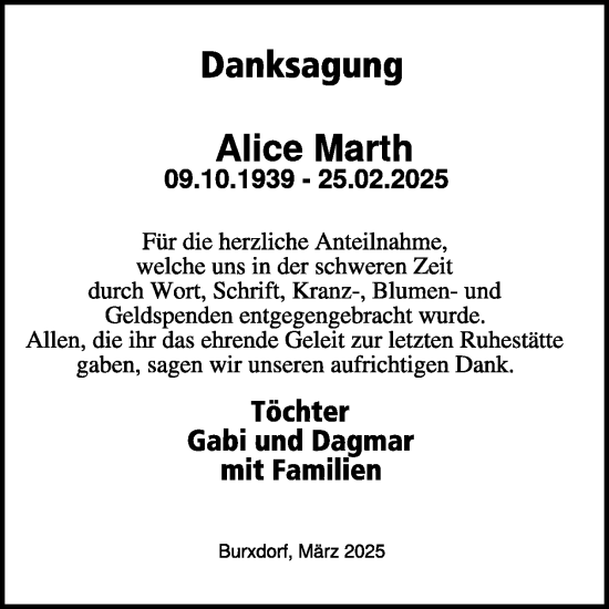 Traueranzeige von Alice Marth von WochenKurier