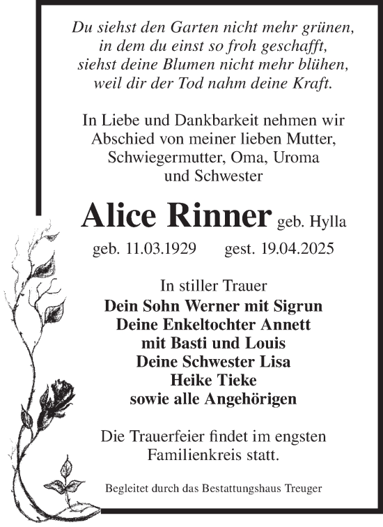Traueranzeige von Alice Rinner von WochenKurier