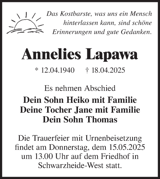 Traueranzeige von Annelies Lapawa von WochenKurier