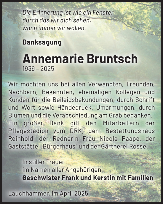 Traueranzeige von Annemarie Bruntsch von WochenKurier