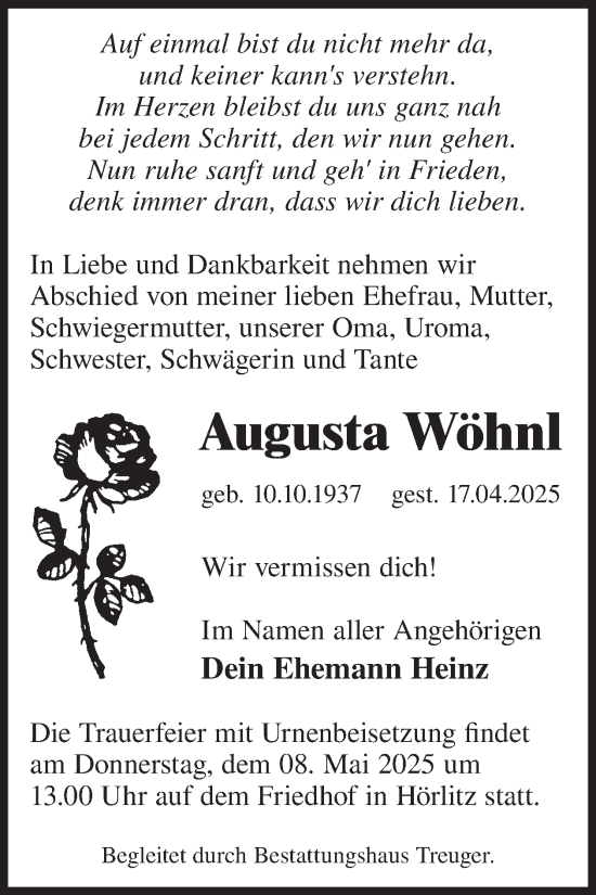 Traueranzeige von Augusta Wöhnl von WochenKurier