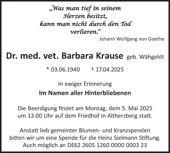 Traueranzeige von Barbara Krause von WochenKurier