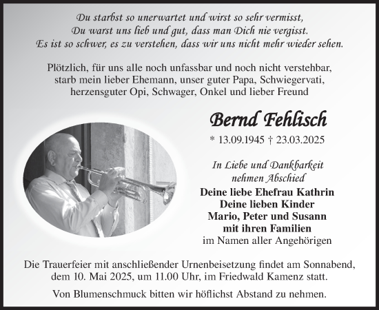 Traueranzeige von Bernd Fehlisch von WochenKurier