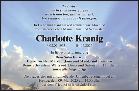 Traueranzeige von Charlotte Kranig von WochenKurier