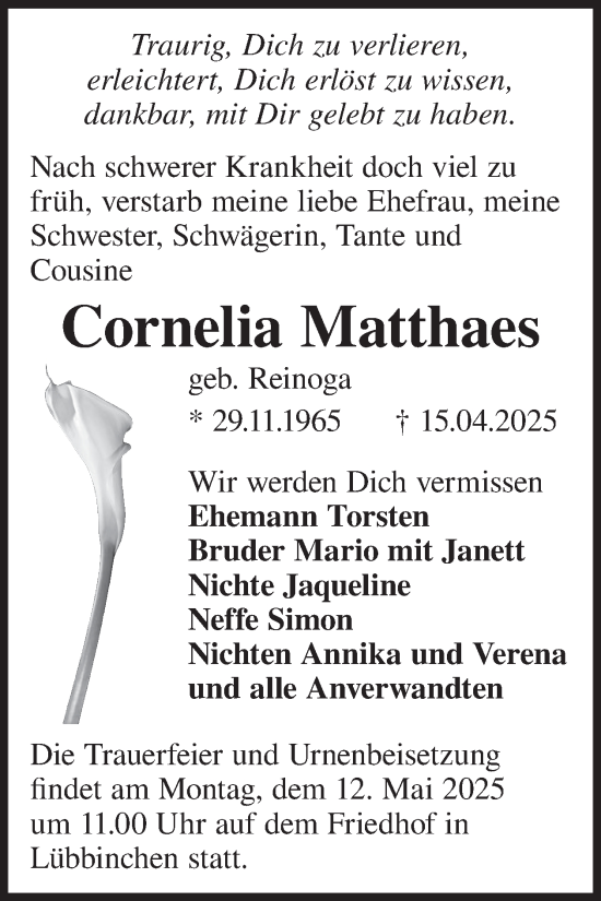 Traueranzeige von Cornelia Matthaes von WochenKurier