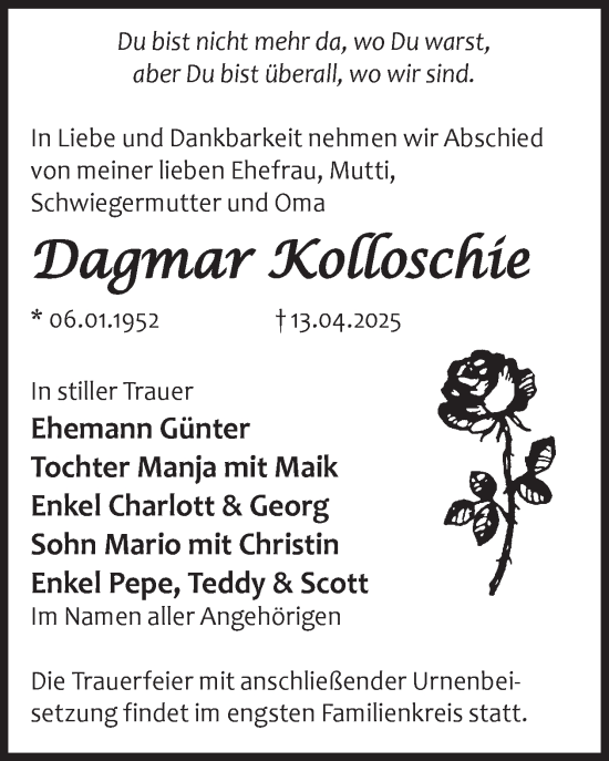 Traueranzeige von Dagmar Kolloschie von WochenKurier