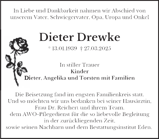 Traueranzeige von Dieter Drewke von WochenKurier
