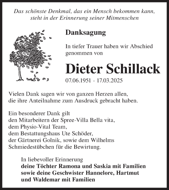 Traueranzeige von Dieter Schillack von WochenKurier