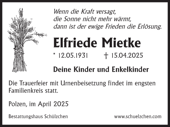 Traueranzeige von Elfriede Mietke von WochenKurier