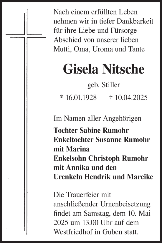 Traueranzeige von Gisela Nitsche von WochenKurier